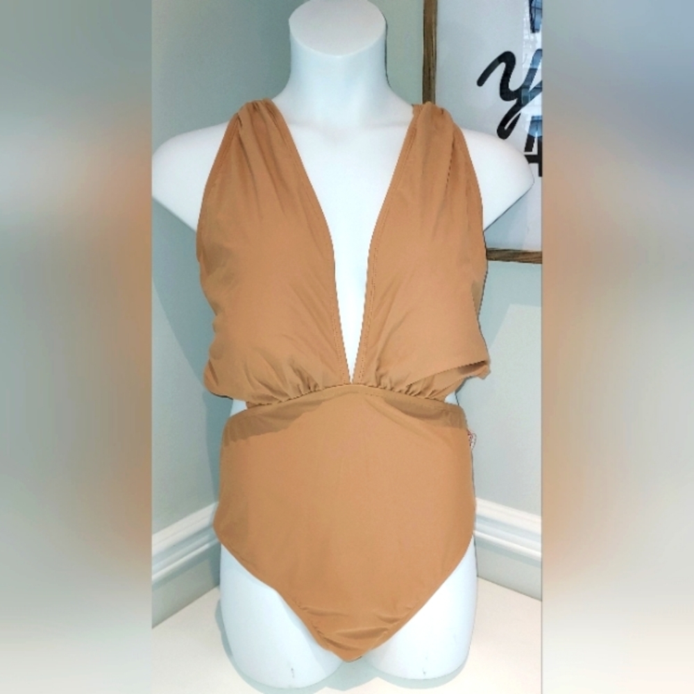 Garnerstyle x FTF VNeck Tan One Piece Swimsuit NWT